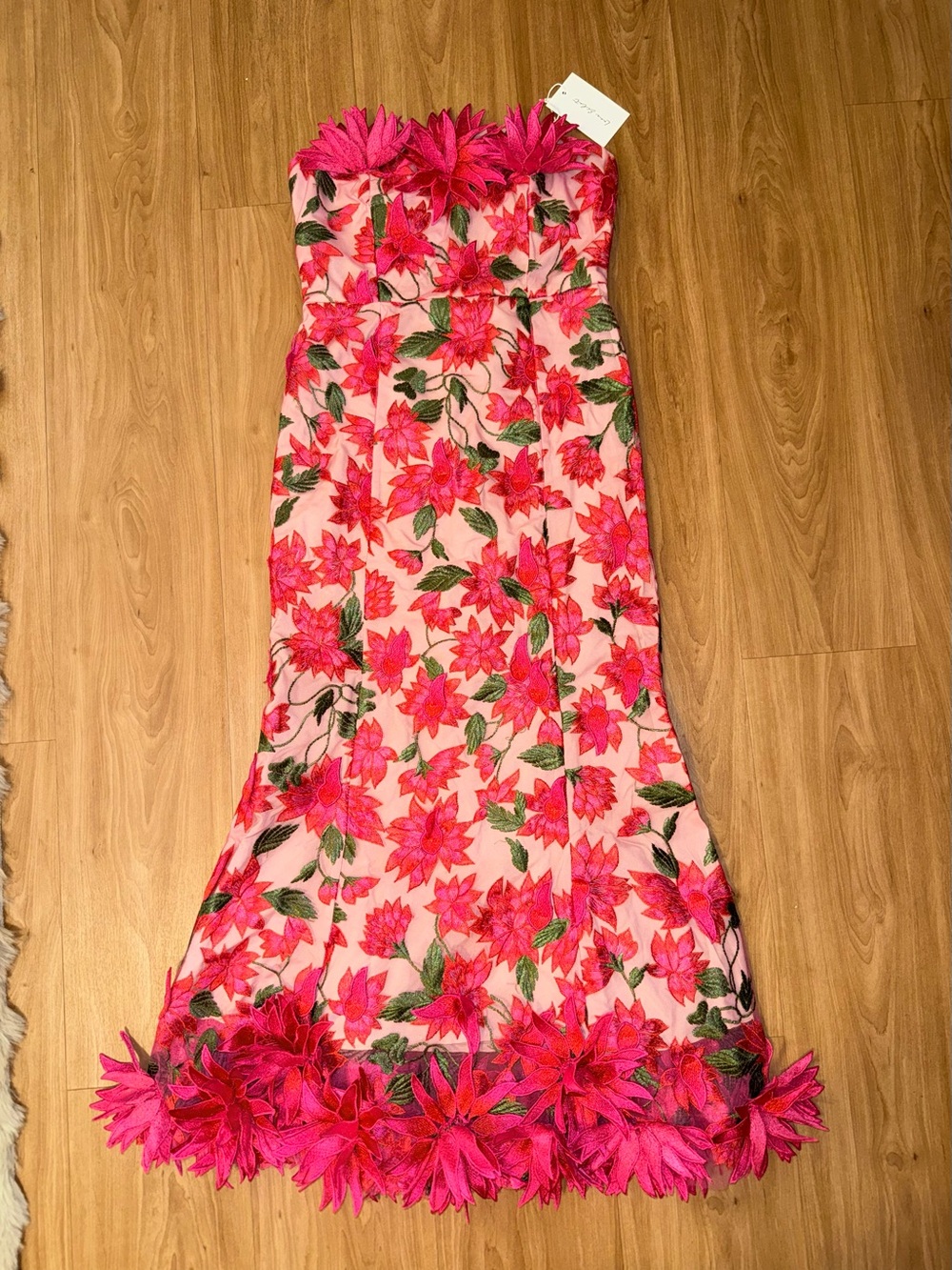 Lune Eclat Strapless Pink 3D Floral Appliqué Maxi Dress